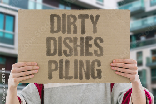 Konstfotografi "Dirty Dishes Piling" Crusty plates tower in the sink, nobody blinks