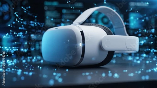 Modern virtual reality goggles on table with blue abstract high tech data interface background