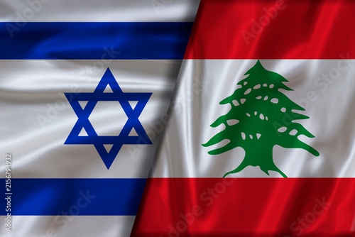 Geopolitical Tension Between Israel and Lebanon. Israeli and Lebanese flags with textured fabric background