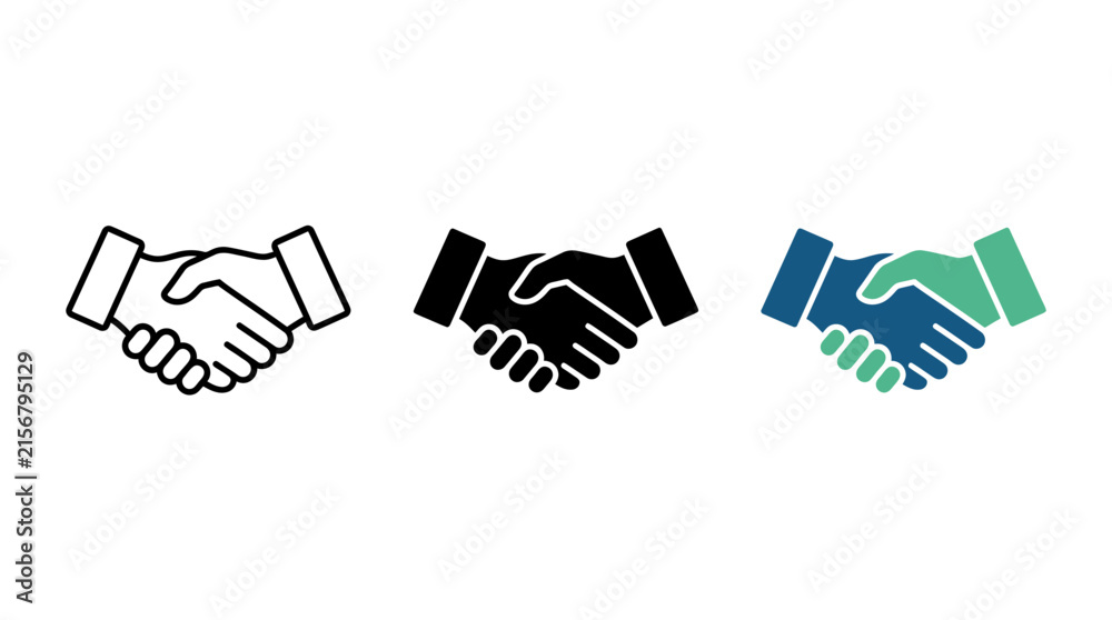Fototapeta premium Set of three shaking hands handshake icons in outline solid and blue dark green colored styles
