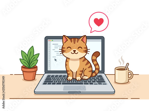 A cute cartoon tabby cat sitting on a laptop keyboard with a potted plant and coffee mug on a desk, showing a heart icon.