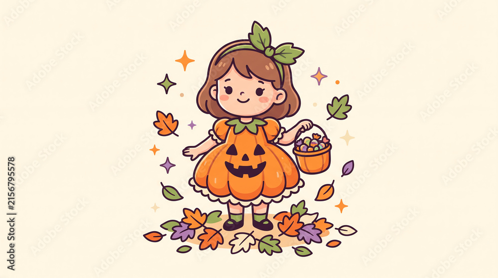 Fototapeta premium Cute little girl wearing a pumpkin costume holding a candy basket for a fun halloween trick or treat