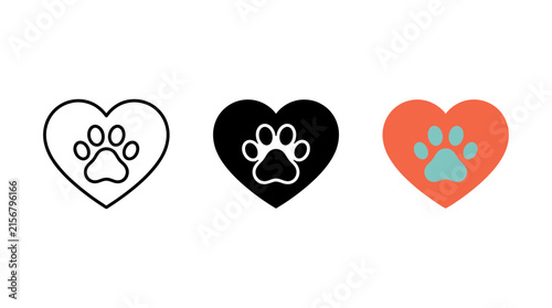 Obraz na płótnie Pet love icon collection featuring animal paw print inside a heart shape symbol,