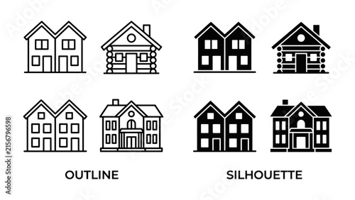 Canvas Print Duo-Tone Architectural Icons: A set of minimalist house icons showcasing both outline and silhouette designs, presenting a clean and versatile visual representation of residential buildings