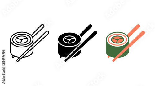 фотографія Sushi maki roll icon set with chopsticks in outline solid and colorful styles, c