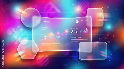 A futuristic, glass-like interface with a colorful, abstract background, featuring a digital screen with various data and analytics visualizations.