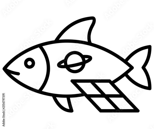 Minimalist fish spaceship line art, creative space rocket fish icon, black and white cosmic marine animal illustration for logo design