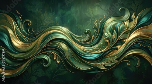 A swirling, ornate green and gold abstract design with a dark green background, featuring intricate floral patterns and swirling lines.
