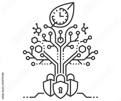 Cybersecurity digital tree icon, network security concept with shields and clock, data protection technology line art illustration