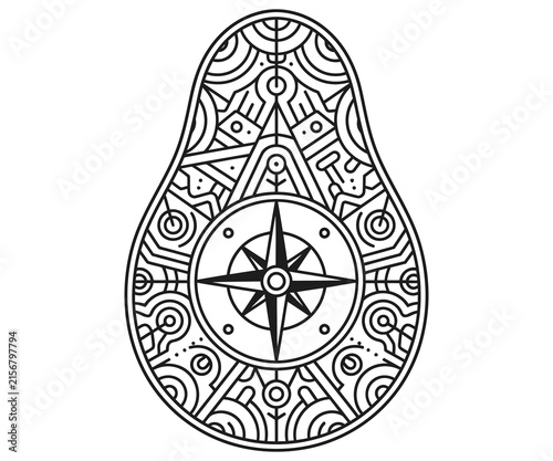 Geometric avocado line art illustration, intricate fruit mandala with compass rose, black and white botanical coloring page