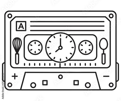 Retro cassette tape line art, vintage audio cassette with clock and kitchen icons, minimalist music and cooking concept illustration
