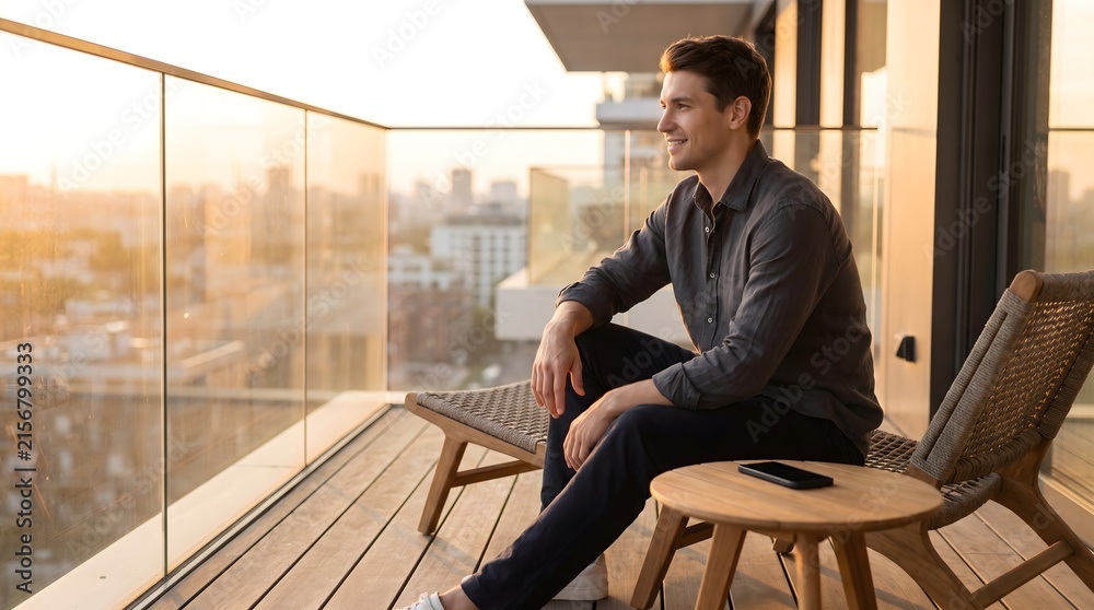 Fototapeta premium Handsome man sitting on armchair on luxury apartment balcony enjoying sunset city view, relaxed evening modern home lifestyle and luxury living concept.