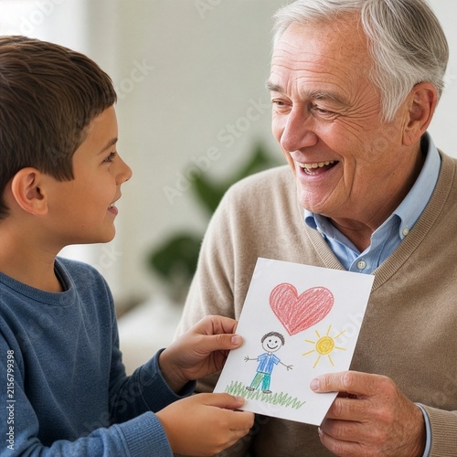 Grandson giving his happy grandfather a hand-drawn card with a heart, concept of family love, generations bond, care and grandparent grandchild relationship