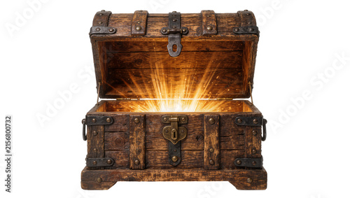 Antique wooden treasure chest with metal accents glowing light emanating from within, isolated on transparent background