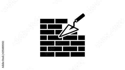 Brick wall construction with mortar trowel tool icon.