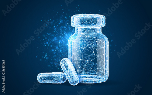 Pills. Abstract polygonal wireframe two capsule pills near bottle blue background. Medical, pharmacy, health, vitamin, antibiotic, pharmaceutical, treatment concept