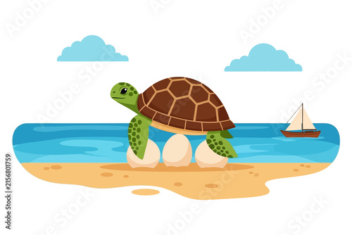 Sea Turtle on Beach Vector Illustration