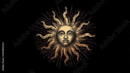 Antique Sun with Face Vector Line Icon, Vintage Celestial Symbol Isolated on White Background