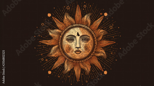Antique Sun with Face Vector Line Icon, Vintage Celestial Symbol Isolated on White Background