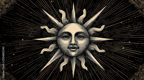 Antique Sun with Face Vector Line Icon, Vintage Celestial Symbol Isolated on White Background