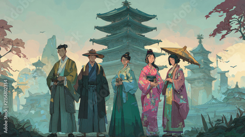 Asian Group of Men and Women Wearing Traditional Cultural Clothing, Multicultural People in Ethnic Costumes
