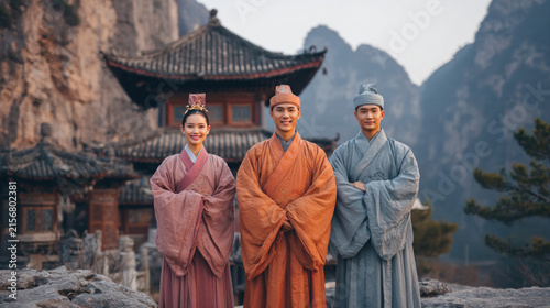 Asian Group of Men and Women Wearing Traditional Cultural Clothing, Multicultural People in Ethnic Costumes