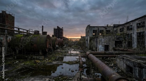 Abandoned industrial factory with rusty pipes at sunset