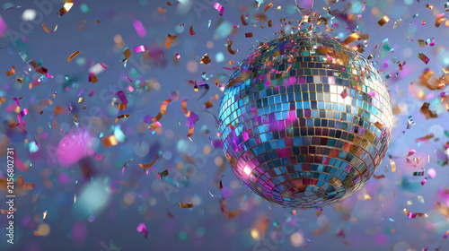 Colorful Iridescent Disco Ball on Vibrant Gradient Background, Retro Party and Celebration Concept