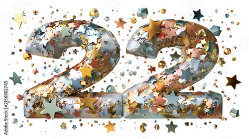 3D Chrome Y2K Figures with Colorful Confetti, Stars and Retro Futuristic Celebration Design