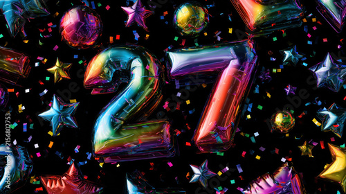 3D Chrome Y2K Figures with Colorful Confetti, Stars and Retro Futuristic Celebration Design