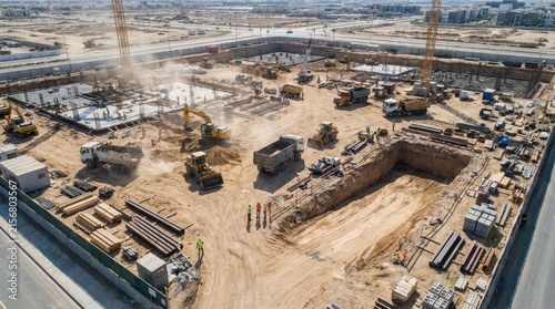 Aerial view of busy construction site with heavy machinery