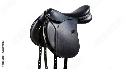 фотографія Black leather equestrian saddle with stirrup leathers, isolated on transparent b
