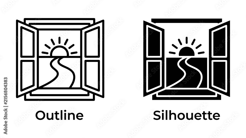 Fototapeta premium Window View Icon: A stylized window frame revealing a serene landscape with a winding path leading towards a rising sun. Includes both outline and silhouette versions.