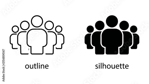 Group Icons: A set of simple outline and silhouette icons depicting a group of people, symbolizing community, teamwork, and collective action.