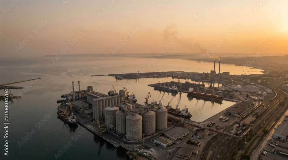 Obraz premium Aerial view of industrial cargo port at sunset