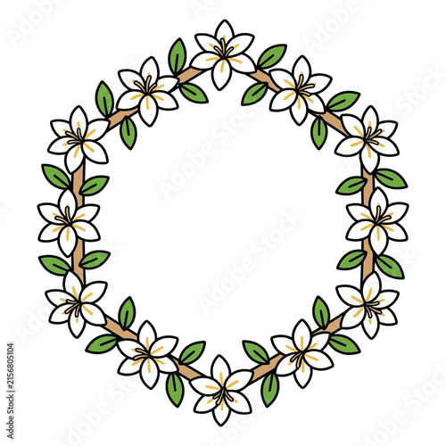 Hexagonal floral frame vector illustration featuring white flowers and green leaves arranged in a geometric shape for invitations and greeting cards