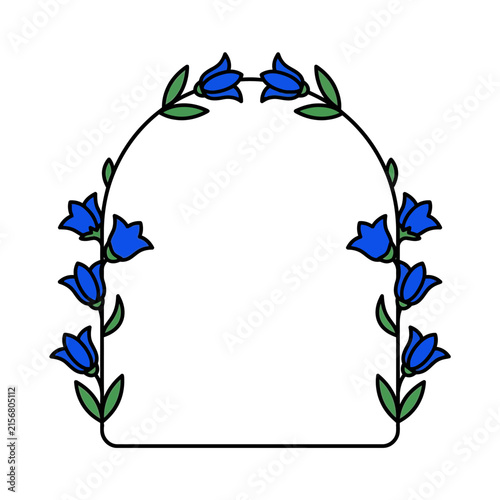 Archway decorated with blue bell flowers and green leaves, elegant floral border for invitation cards and graphic design