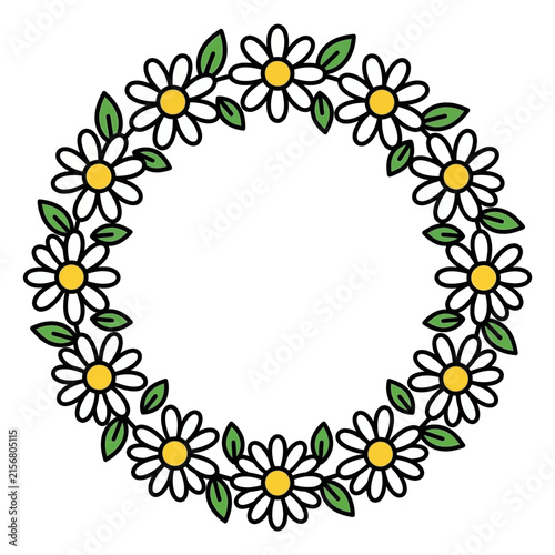Daisy Flower Wreath Circular Floral Frame Vector Illustration Isolated on White Background
