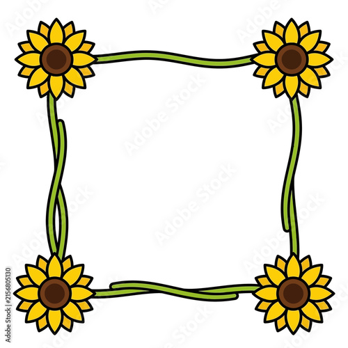 Square Sunflower Border Frame Illustration with Floral Corners and Stems on White Background