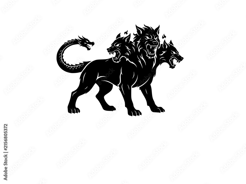 Fototapeta premium Cerberus Three Headed Hound Silhouette Sticker Vector. Greek Underworld Mythical Beast Icon Isolated.
