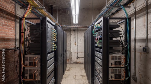 Konstfotografi Server racks with cables and cooling pipes in compact data center