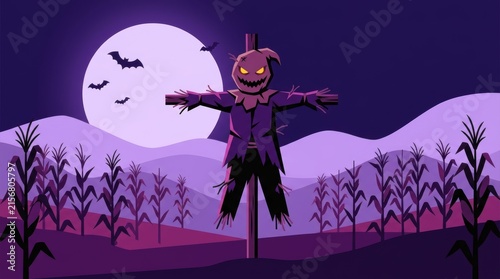 An ominous scarecrow with glowing yellow eyes standing in a dark, spooky cornfield Halloween Concept Design