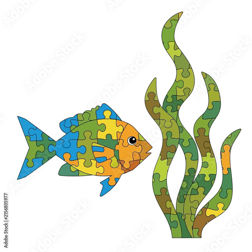 Foto Colorful Puzzle Fish Swimming Near Green Seaweed