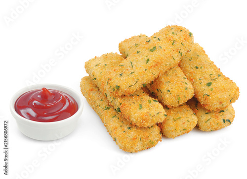 Фотография Fish fingers sticks with ketchup isolated on white background.
