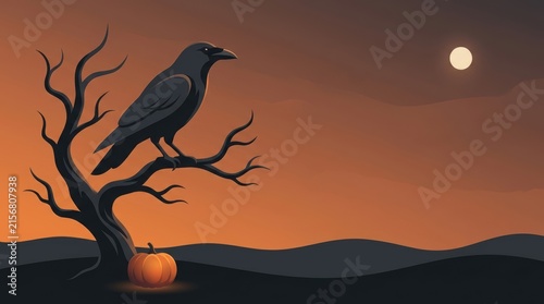 Dark raven perched on a gnarled bare tree branch against a glowing orange sunset moonlit Halloween Concept Design