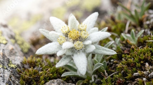 Close-up of Edelweiss flower blooming in rocky alpine terrain