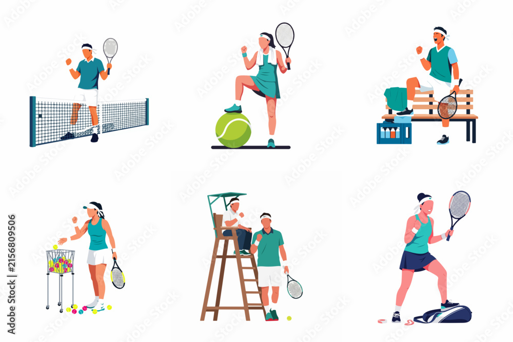 Fototapeta premium Professional Tennis Player Vector Character Set Featuring Athletes Training, Celebrating Victory at Net, Talking to Umpire, and Resting on Bench with Sports Equipment and Rackets