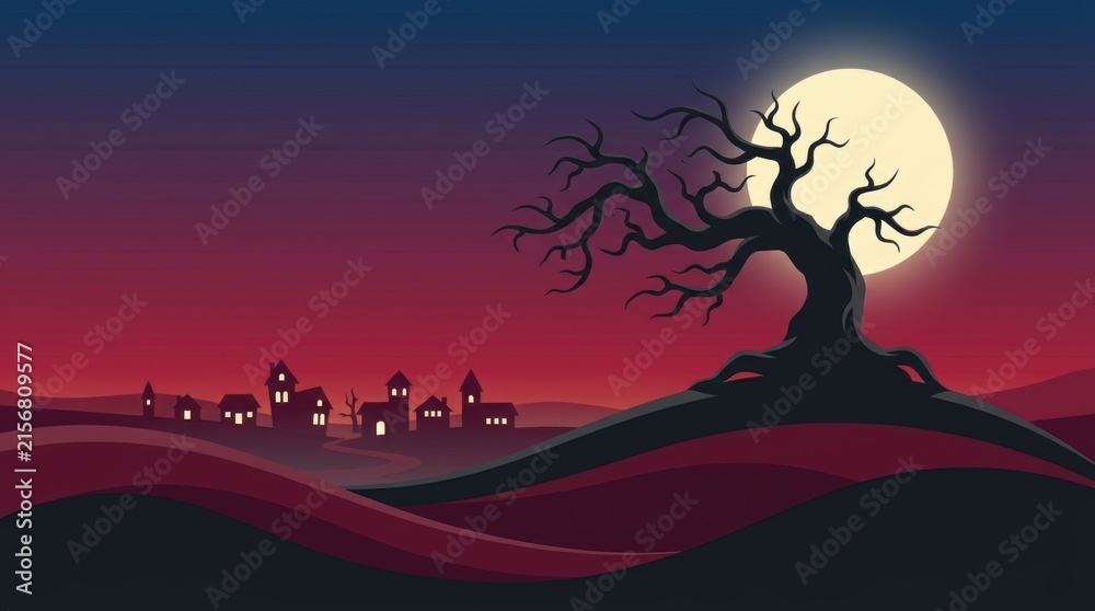 Naklejka premium Gnarled black tree silhouette stands before a glowing moon and a purple village in this Halloween Concept Design