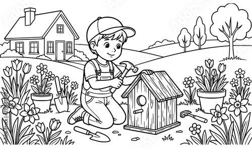 Фотография Little boy building a birdhouse in the garden coloring page line art with birdho