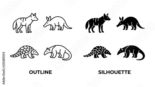 Animal Icon Set: A collection of line art and silhouette icons featuring an aardvark, pangolin, and hyena, representing outline and filled graphic styles.